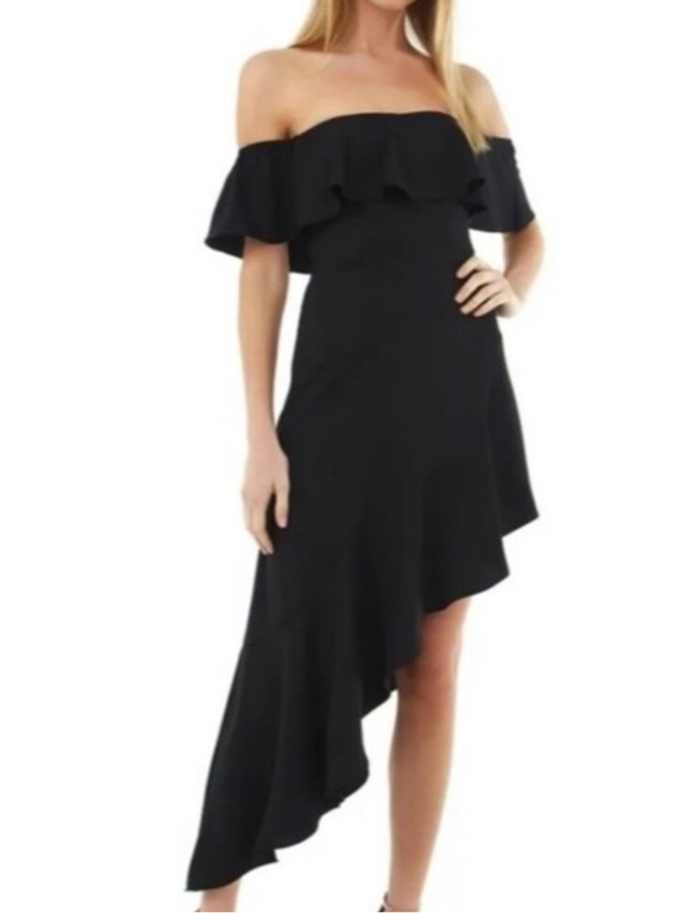 Amanda Uprichard X PYRMD solid black Camellia off the shoulder asymmetric dress